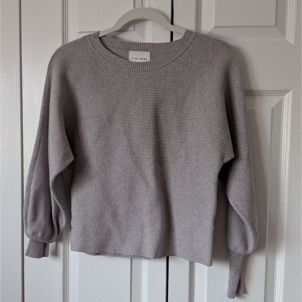 Pink Rose Women's Balloon Sleeve Ribbed Gray Sweater Size Medium